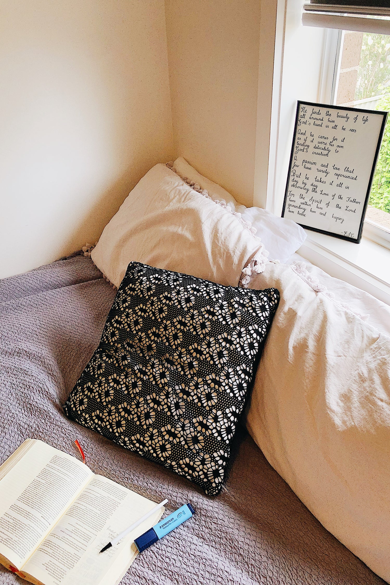 prophetic poem on window sill, bible open on bed